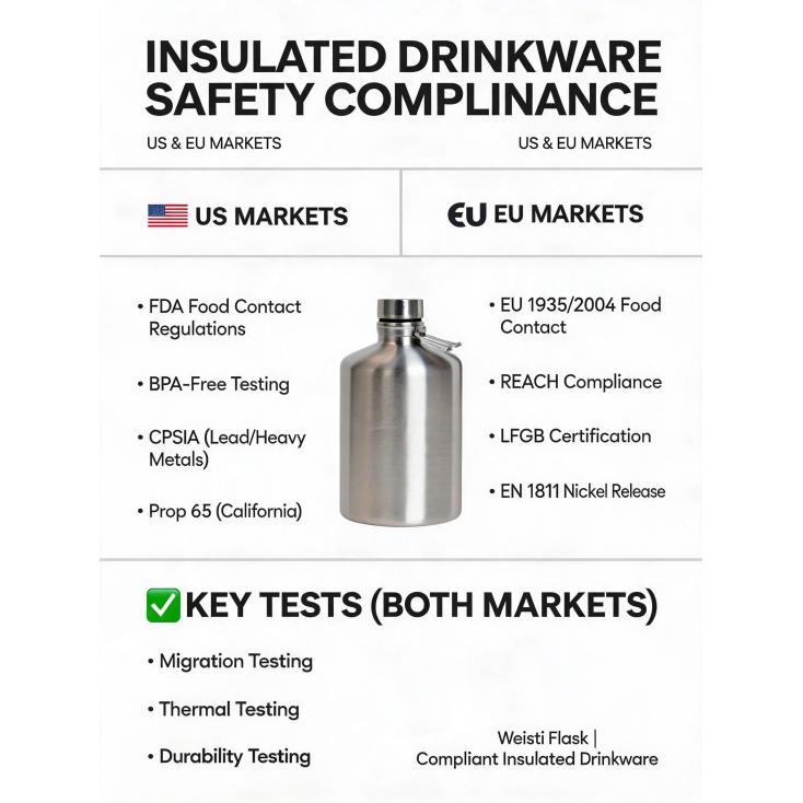 What safety standards and tests (e.g., for BPA, lead, etc.) should insulated drinkware comply with for US/EU markets?
