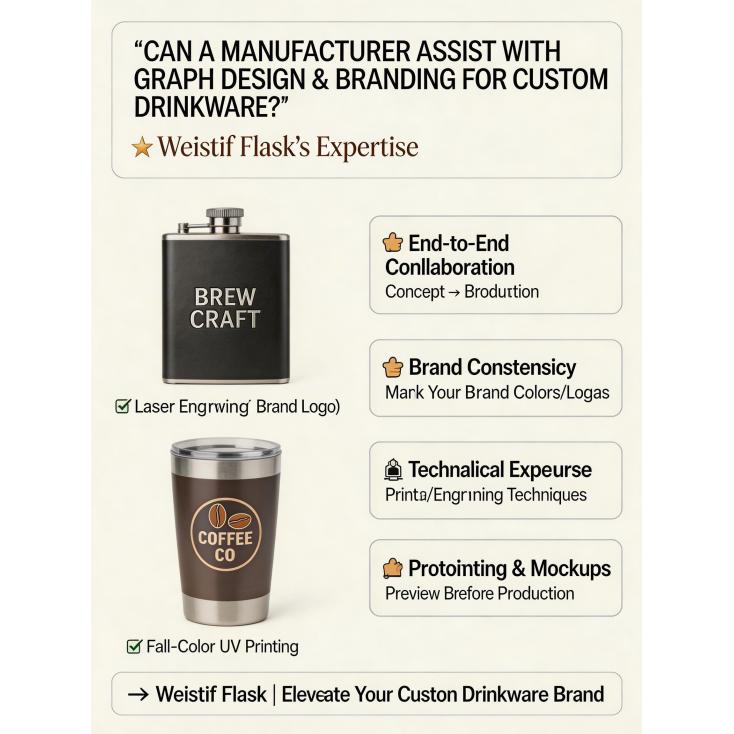 Can a manufacturer assist with graphic design and branding for custom drinkware?