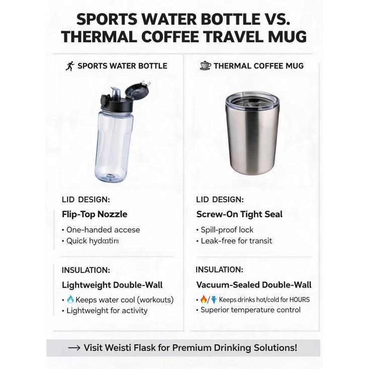 What are the differences between a sports water bottle and a thermal coffee travel mug in terms of lid design and insulation?
