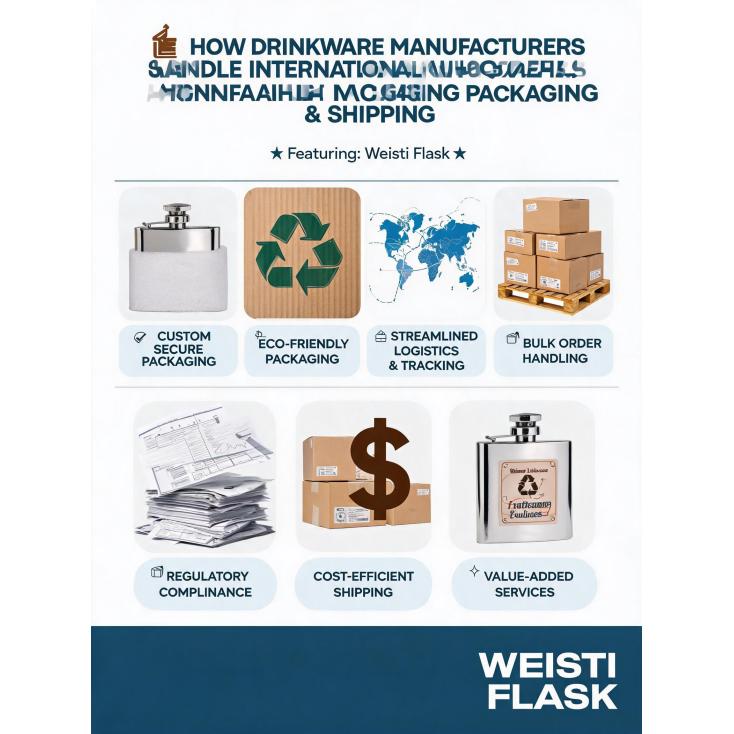How do drinkware manufacturers typically handle packaging and shipping for international wholesale orders?