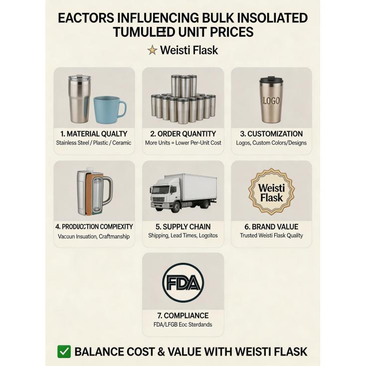 What factors influence the unit price of bulk insulated tumblers or water bottles?