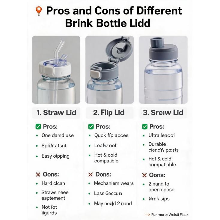 What are the pros and cons of different lid styles (straw lid, flip lid, screw lid) for drink bottles?