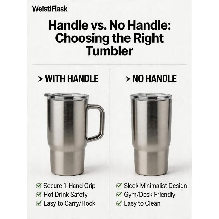 What are the advantages of a tumbler with a handle versus one without for certain use cases?