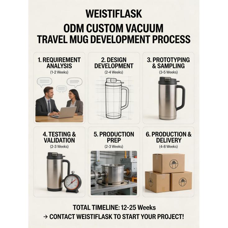 What is the process and timeline for developing a custom design (ODM) for a new vacuum travel mug?