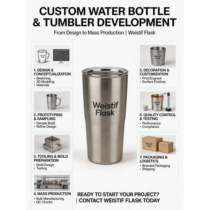 What is the complete process for developing a custom water bottle or tumbler from design to mass production?