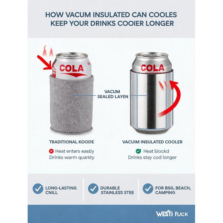 How does a vacuum insulated can cooler effectively keep beer or cola cold compared to regular sleeves?