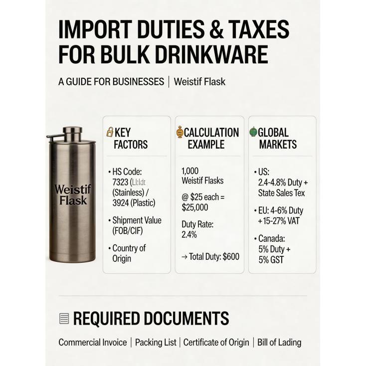 How do import duties and taxes typically apply to bulk shipments of drinkware?