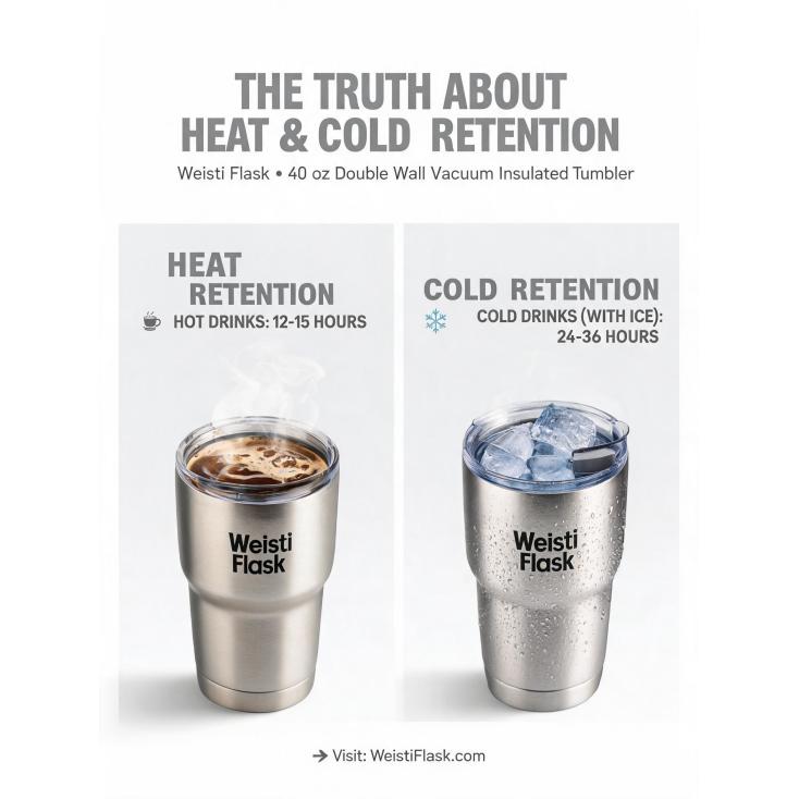 What is the actual heat/cold retention time for a high-quality double wall vacuum insulated tumbler (e.g., 40 oz)?