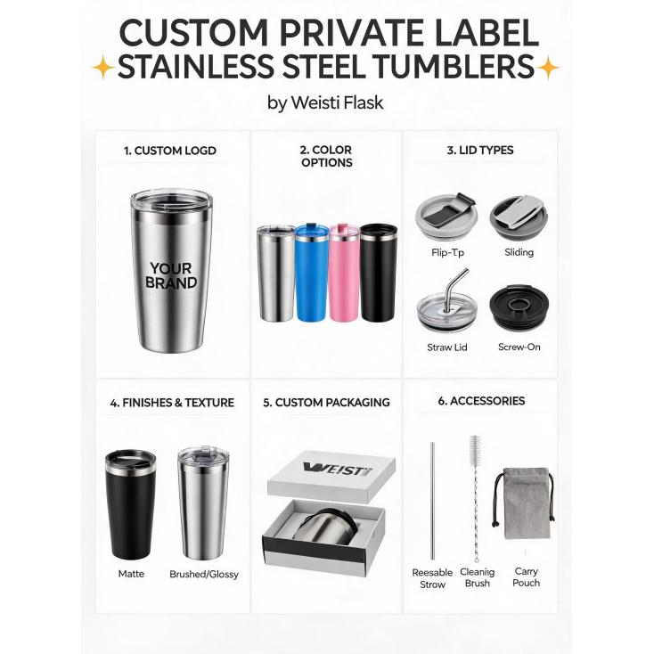 What are the common customization options available for private label stainless steel tumblers (logo, color, lid type)?