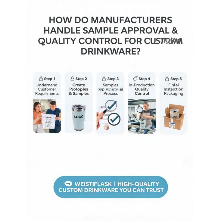 How do manufacturers handle sample approval and quality control for custom drinkware orders?