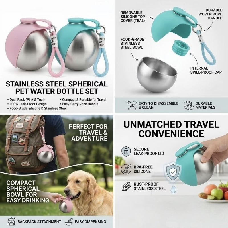 Collapsible Pet Silicone Drinking Water Bottle Pet Foldable Spherical Water Bottle Stainless Steel Dog Bowls