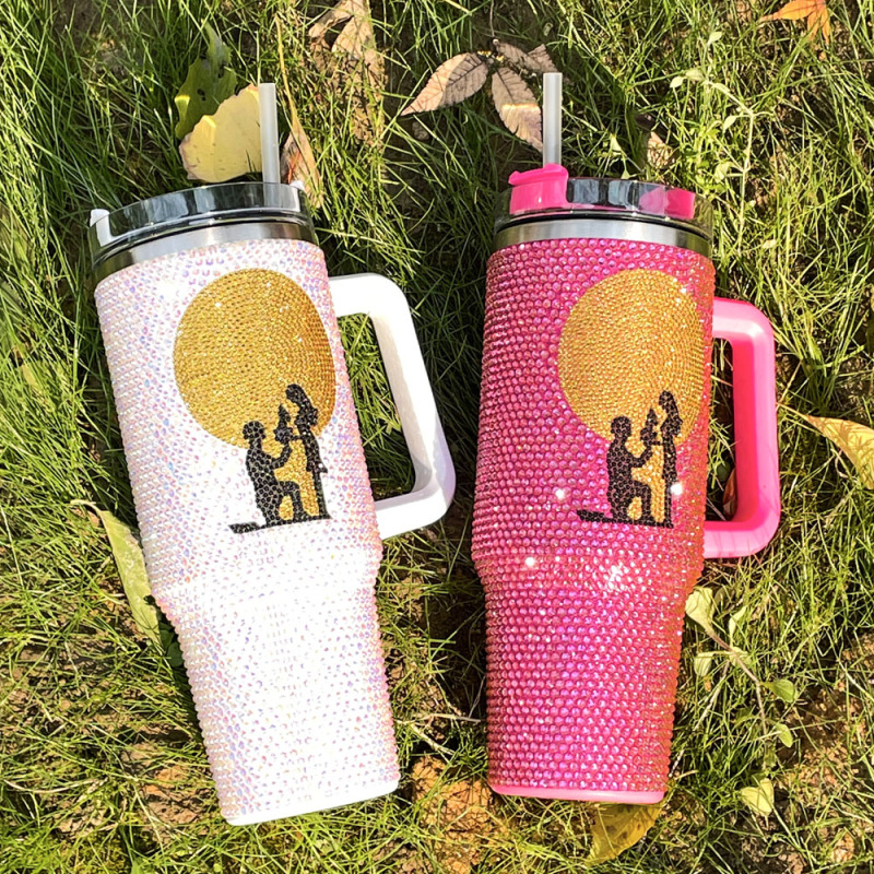 Wholesale Stainless Steel Rhinestone Tumblers Metal Cup 1200ml Travel Coffee Mug 40oz Tumbler With Handle