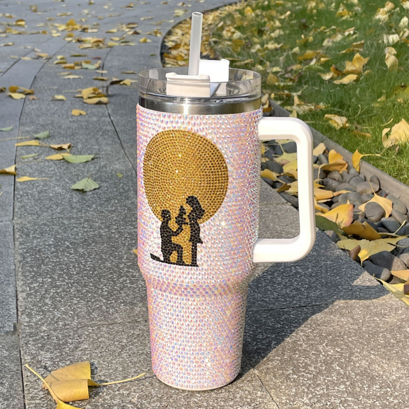 Wholesale Stainless Steel Rhinestone Tumblers Metal Cup 1200ml Travel Coffee Mug 40oz Tumbler With Handle