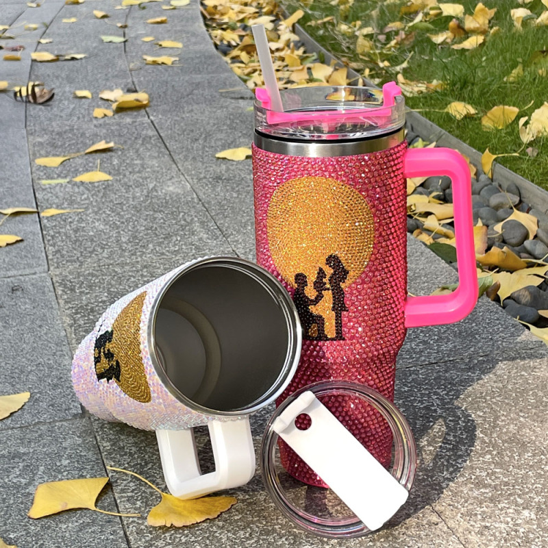 Wholesale Stainless Steel Rhinestone Tumblers Metal Cup 1200ml Travel Coffee Mug 40oz Tumbler With Handle
