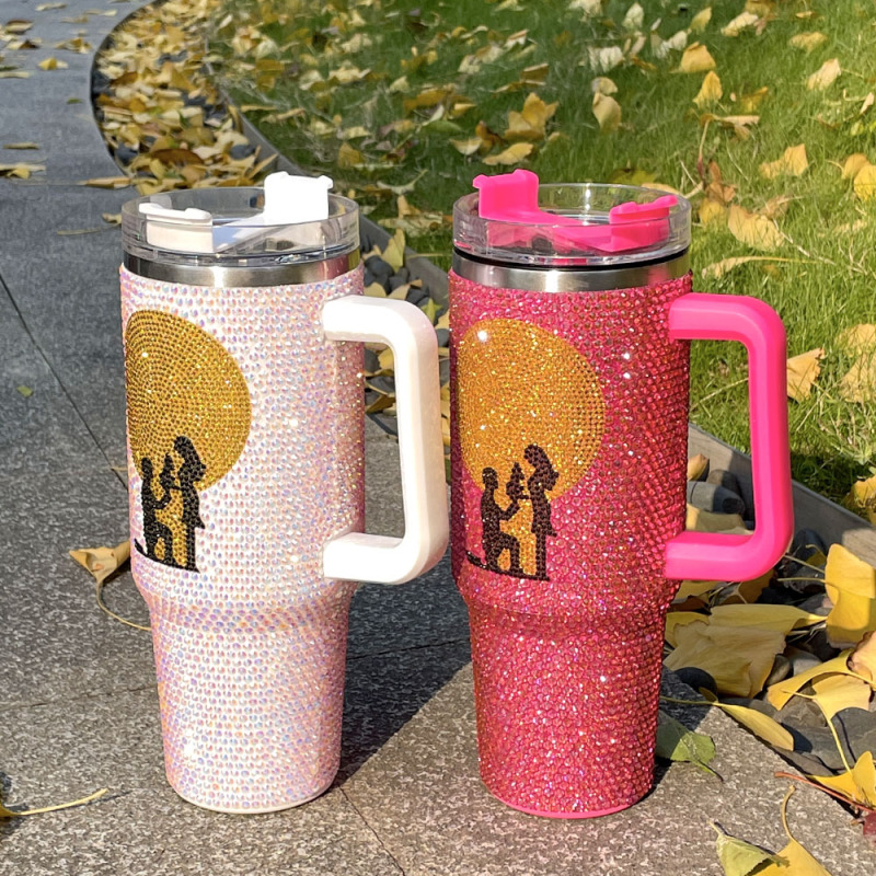 Wholesale Stainless Steel Rhinestone Tumblers Metal Cup 1200ml Travel Coffee Mug 40oz Tumbler With Handle
