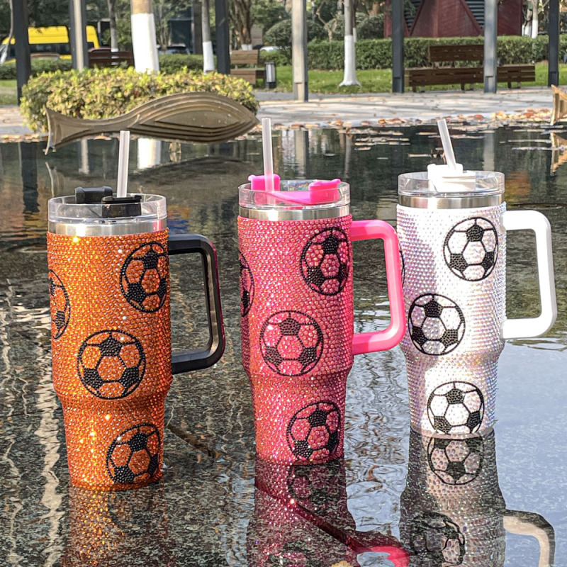 Football Large Capacity Crystal Stud Ice Cream Cups 304 Stainless Steel Giant Water Bottle Bling Handle Straw Insulated Cup