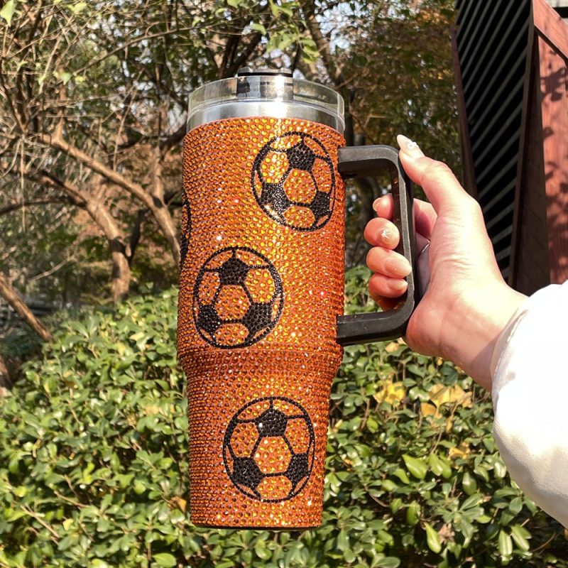 Football Large Capacity Crystal Stud Ice Cream Cups 304 Stainless Steel Giant Water Bottle Bling Handle Straw Insulated Cup