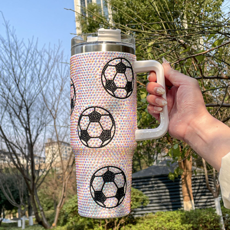 Football Large Capacity Crystal Stud Ice Cream Cups 304 Stainless Steel Giant Water Bottle Bling Handle Straw Insulated Cup