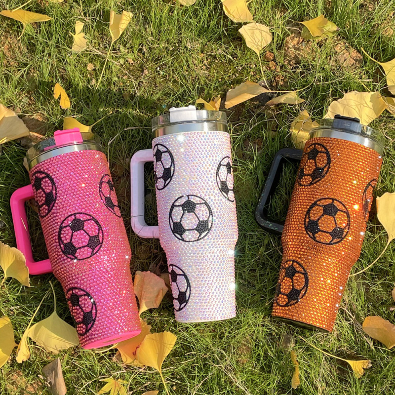 Football Large Capacity Crystal Stud Ice Cream Cups 304 Stainless Steel Giant Water Bottle Bling Handle Straw Insulated Cup