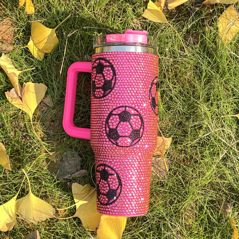 Football Large Capacity Crystal Stud Ice Cream Cups 304 Stainless Steel Giant Water Bottle Bling Handle Straw Insulated Cup