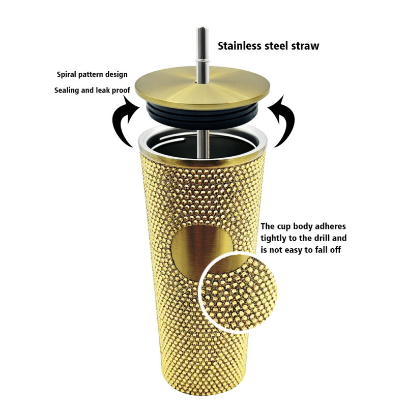 Wholesale Hot Selling 700ml Gold Luxury Rhinestone Tumbler with Lid and Straw Customized Logo Party Gifts Stainless Steel Mug