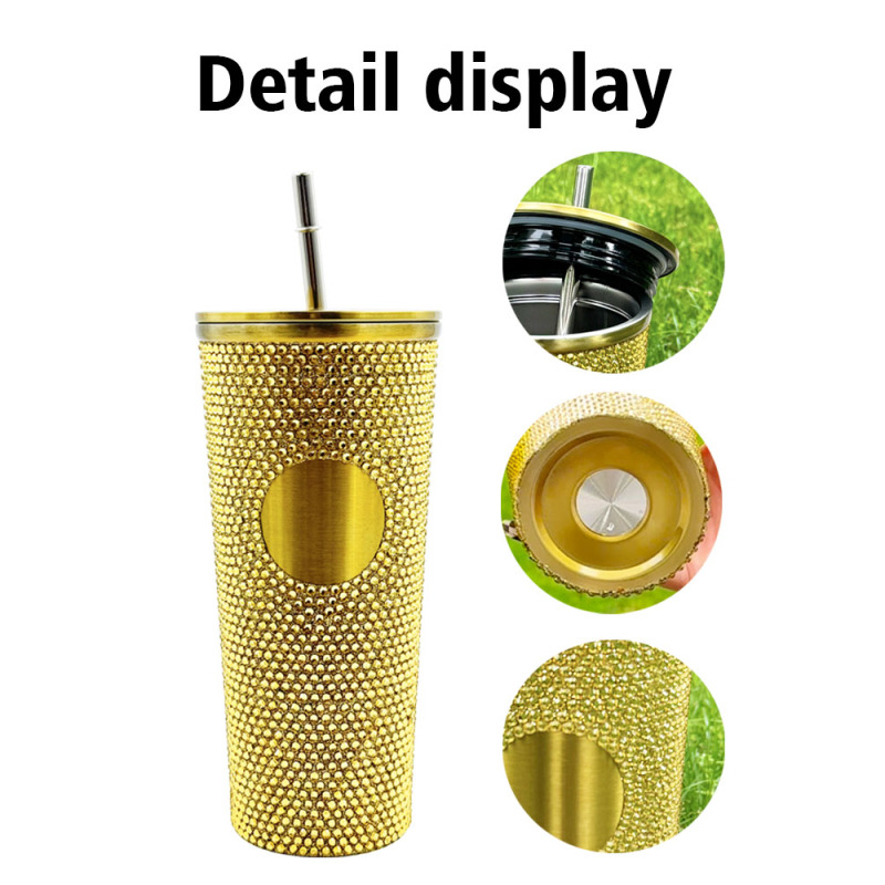 Wholesale Hot Selling 700ml Gold Luxury Rhinestone Tumbler with Lid and Straw Customized Logo Party Gifts Stainless Steel Mug