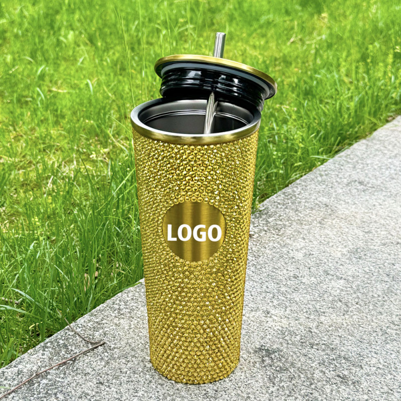 Wholesale Hot Selling 700ml Gold Luxury Rhinestone Tumbler with Lid and Straw Customized Logo Party Gifts Stainless Steel Mug