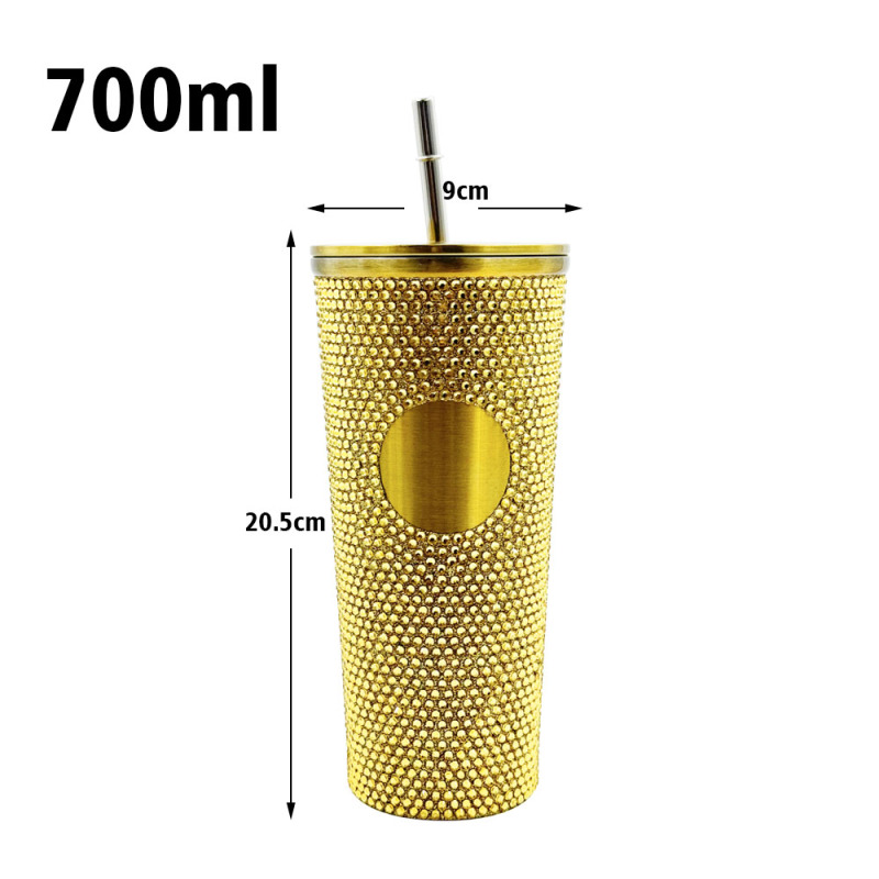 Wholesale Hot Selling 700ml Gold Luxury Rhinestone Tumbler with Lid and Straw Customized Logo Party Gifts Stainless Steel Mug