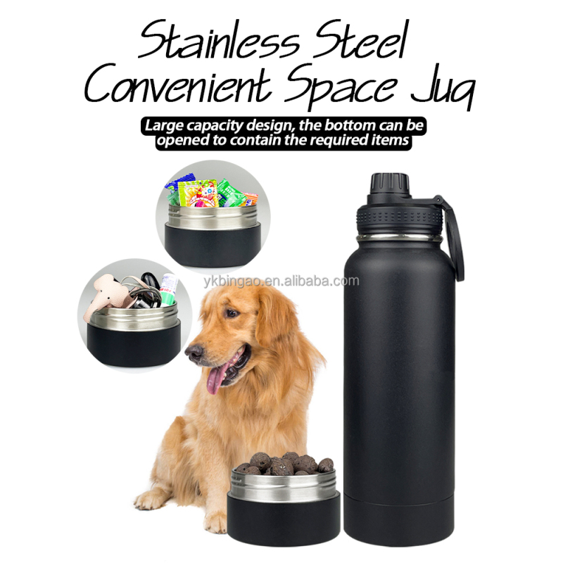 Style 32 oz Double Wall Stainless Steel Insulated 2 in 1 Dog Pet Travel Water Bottle with Bowl With Dry Storage Compartment