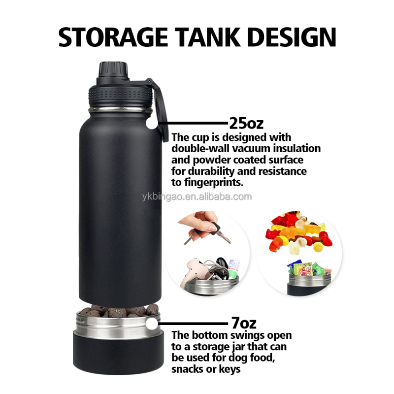 Style 32 oz Double Wall Stainless Steel Insulated 2 in 1 Dog Pet Travel Water Bottle with Bowl With Dry Storage Compartment