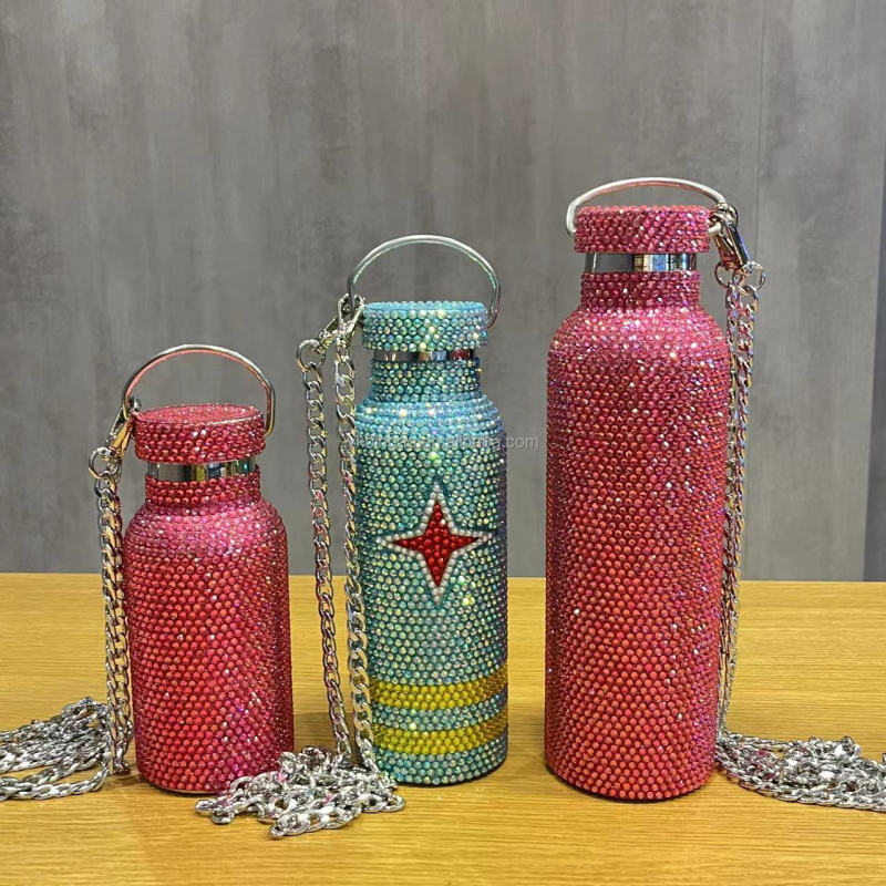 Wholesale Hot Selling 750ml Stainless Steel Water Bottle Diamond Vacuum Flask Fashion Bling Rhinestone Tumblers Cup With Lid