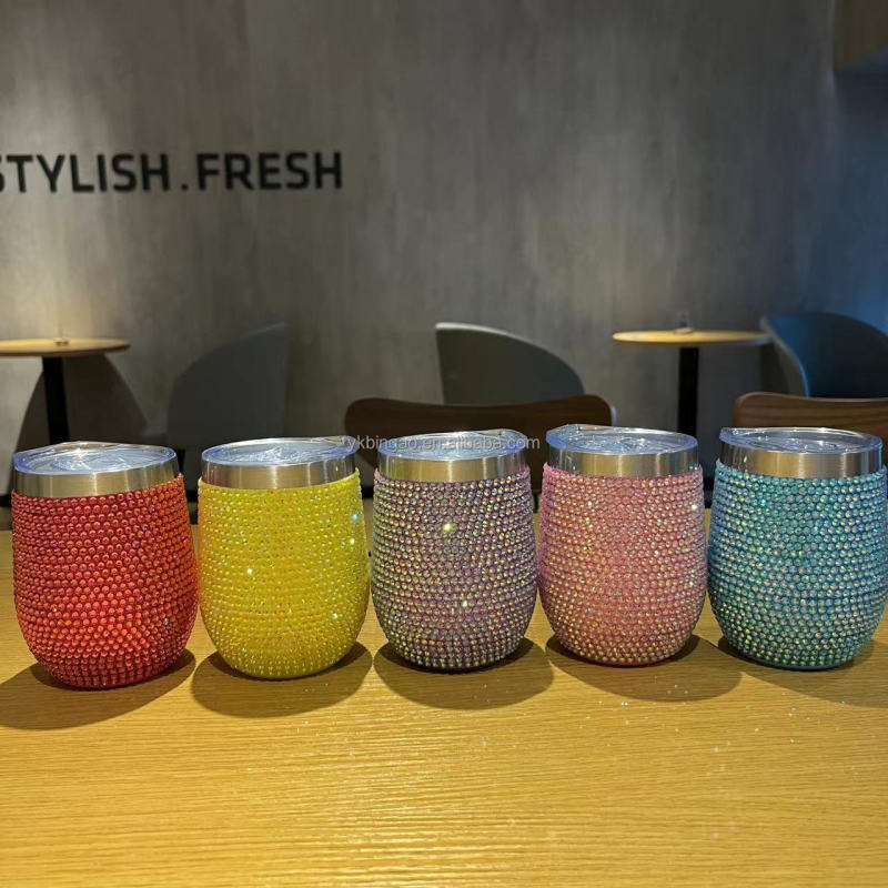 Wholesale Outdoor Camping Cup 12 Oz Rhinestone Studded Bling Tumbler Full Bling Rhinestone 12 oz Tumbler with Handle and Straw