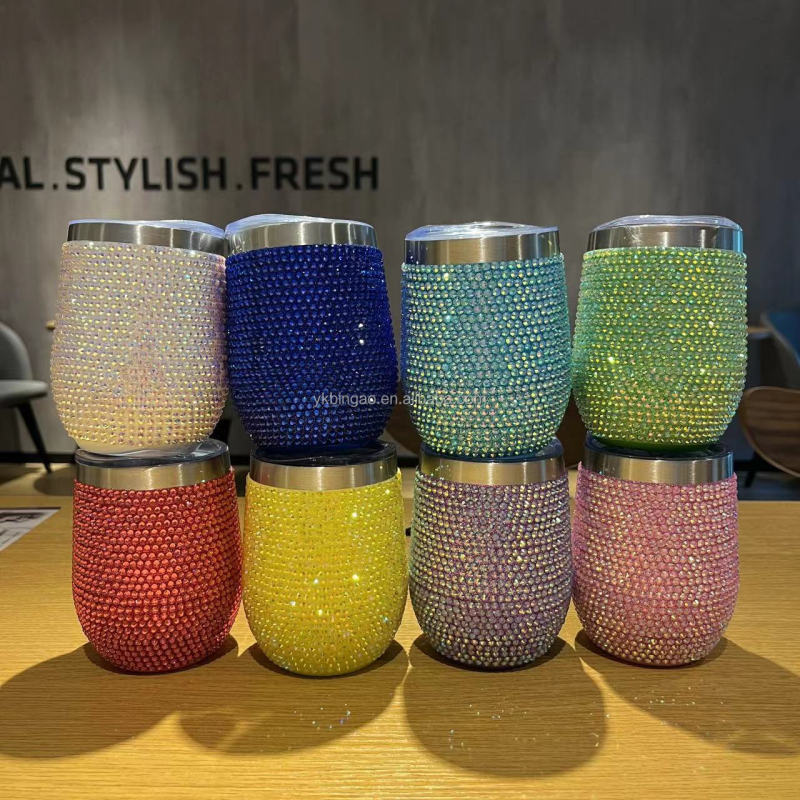 Wholesale Outdoor Camping Cup 12 Oz Rhinestone Studded Bling Tumbler Full Bling Rhinestone 12 oz Tumbler with Handle and Straw
