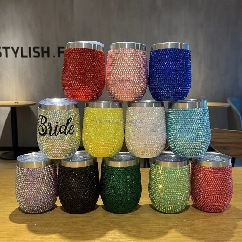Wholesale Outdoor Camping Cup 12 Oz Rhinestone Studded Bling Tumbler Full Bling Rhinestone 12 oz Tumbler with Handle and Straw