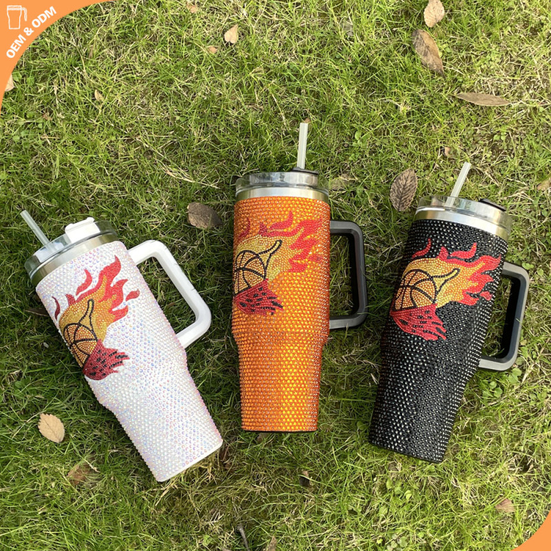 Wholesale New Basketball Pattern Rhinestone Rhinestone Mugs 40OZ Large Capacity Car Mugs Handle Mugs