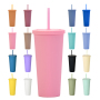 Summer Colorful 24OZ Plastic Water Bottle Customized Fashion Beer Drinking Party Use Double Wall Coffee Mug with Straw Bpa Free