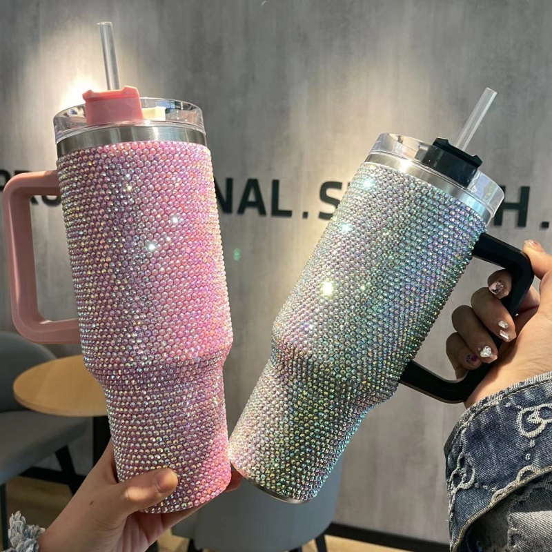 Wholesale Outdoor Camping Cup 40 Oz Rhinestone Studded Bling Tumbler Full Bling Rhinestone 40oz Tumbler With Handle and Straw