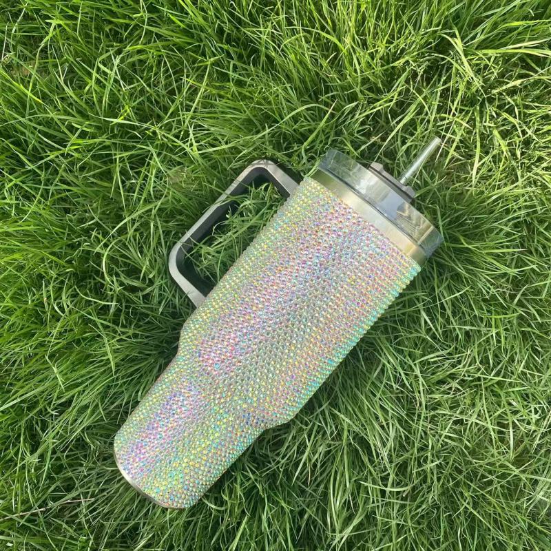 Wholesale Outdoor Camping Cup 40 Oz Rhinestone Studded Bling Tumbler Full Bling Rhinestone 40oz Tumbler With Handle and Straw