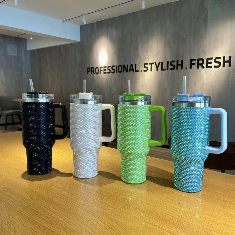 Wholesale Outdoor Camping Cup 40 Oz Rhinestone Studded Bling Tumbler Full Bling Rhinestone 40oz Tumbler With Handle and Straw