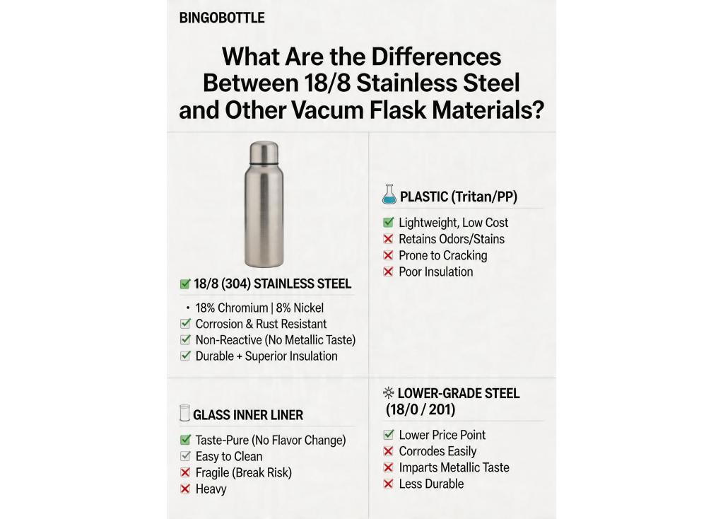 What are the differences between 18/8 stainless steel and other materials used in vacuum flasks?
