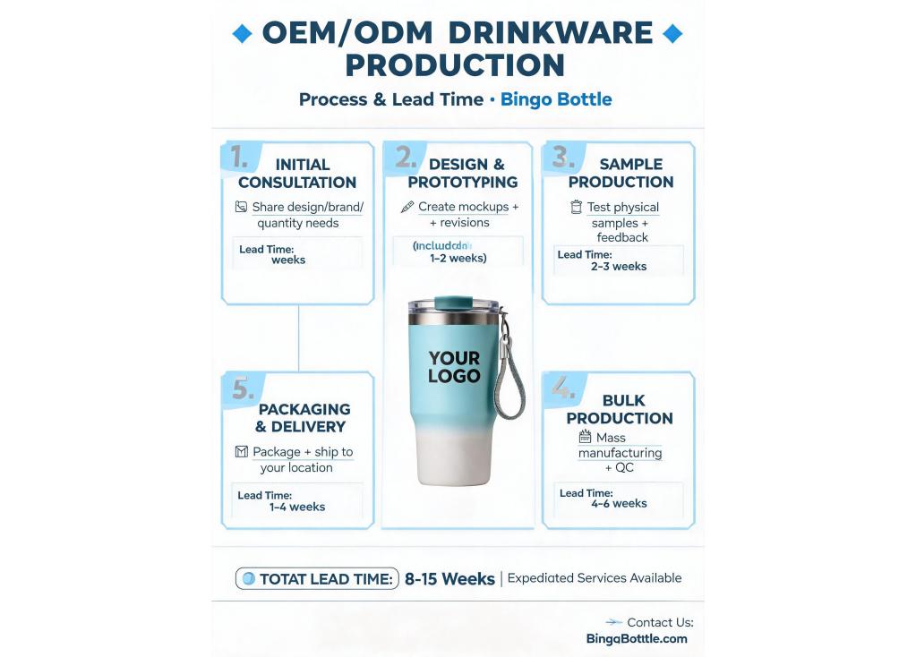 What is the typical process and lead time for OEM/ODM drinkware production?