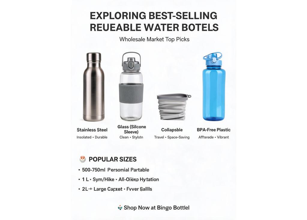 What are the current best-selling types and sizes of reusable water bottles in the wholesale market?
