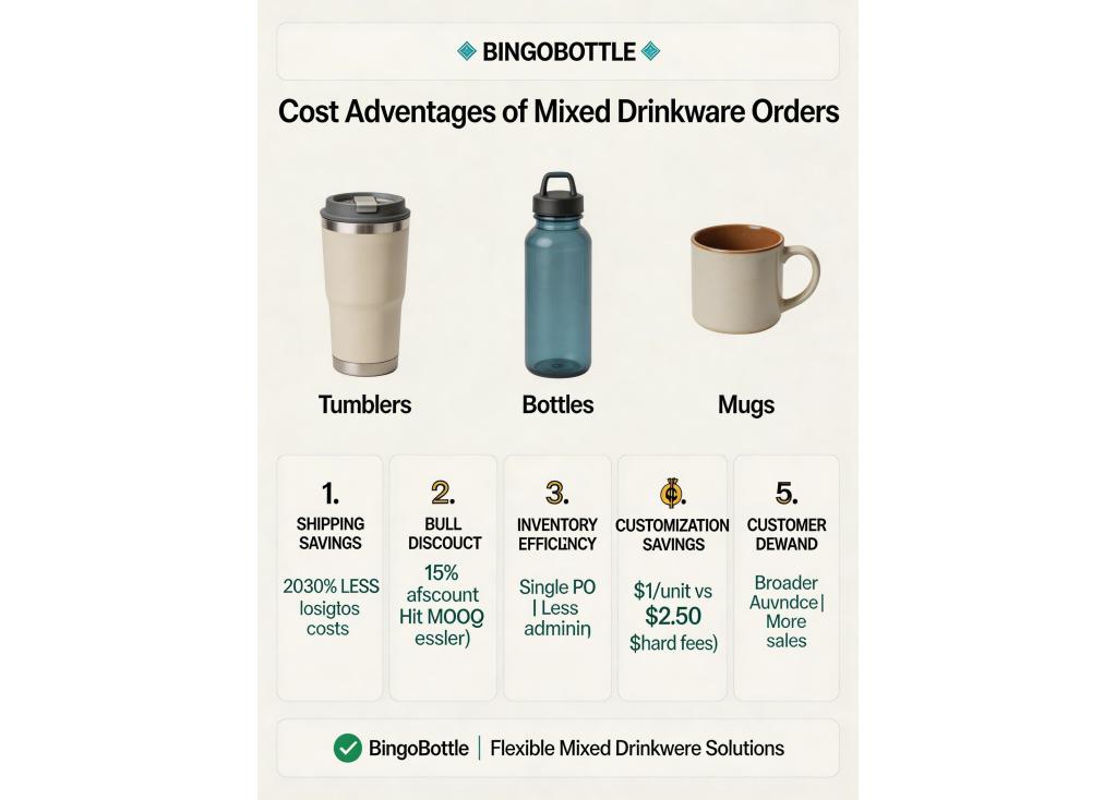 Are there cost advantages to ordering mixed containers with different types of drinkware (tumblers, bottles, mugs)?
