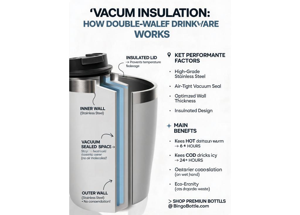 How does the vacuum insulation technology work in double-walled drinkware, and what affects its performance?
