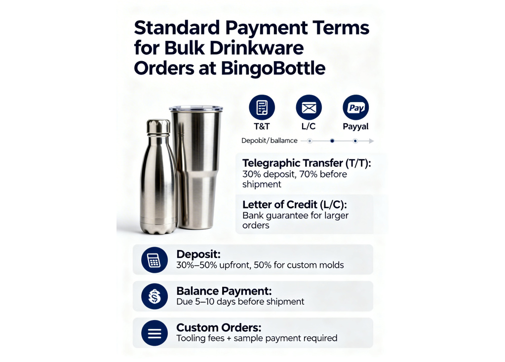 What are the standard payment terms when placing a bulk order with a drinkware supplier?