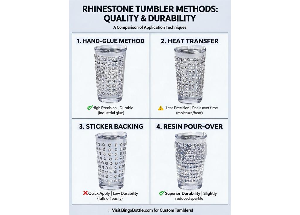 What are the differences in quality and durability between various rhinestone application methods on tumblers?