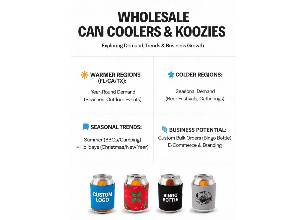 What is the demand and potential for wholesale can coolers and koozies in specific regions or seasons?