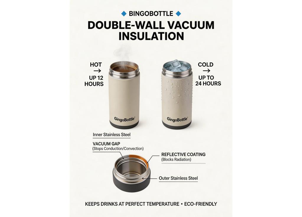 How does double-wall vacuum insulation technology work in keeping drinks hot or cold?