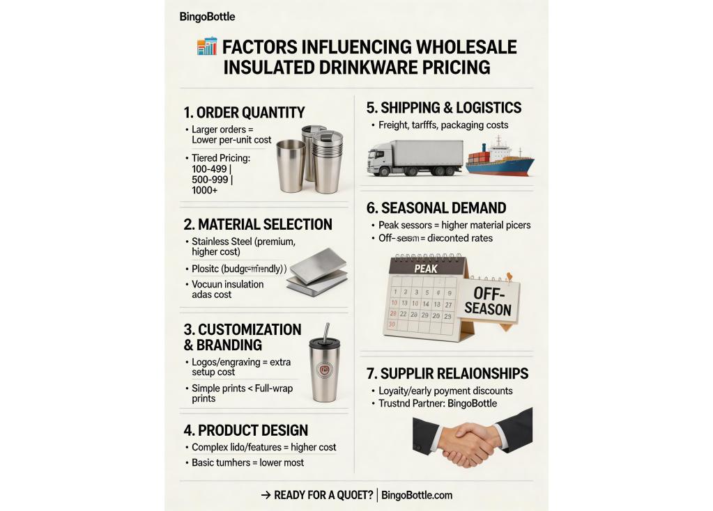 What factors influence the wholesale price per unit when ordering bulk insulated drinkware?