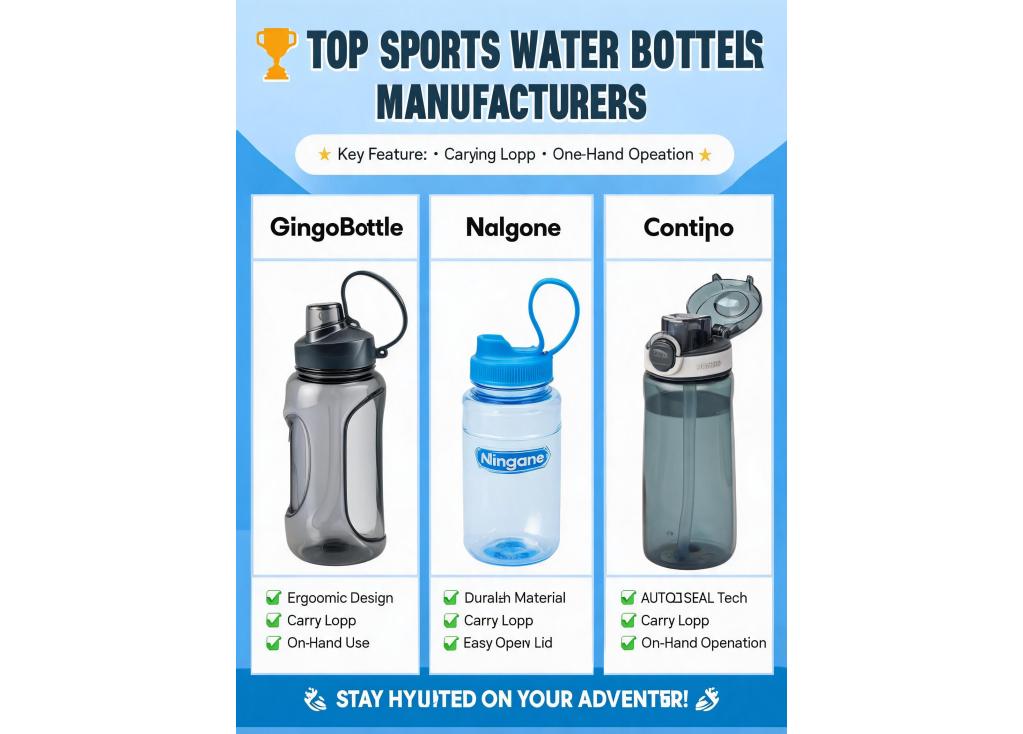 Which manufacturers specialize in sports water bottles with features like carrying loops or one-hand operation?